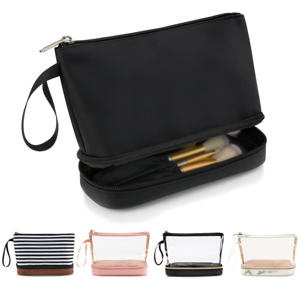 Small , 2 Layers Travel with Makeup Brush Holder, Cosmetic Bag Black Make up Pou
